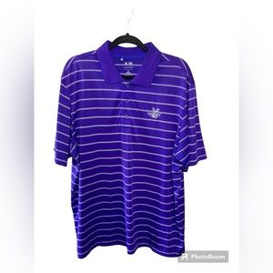 Adidas purple with white stripe short sleeve golf polo. Whisky Creek. XLarge